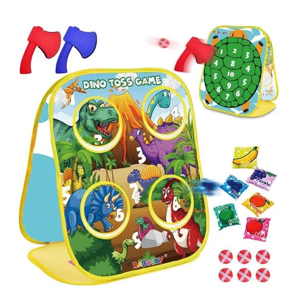 Dinosaur Toss Game with 6 Fruit Bean Bags, 2 Throwing Axes, 6 Sticky Balls - Picture 1 of 5